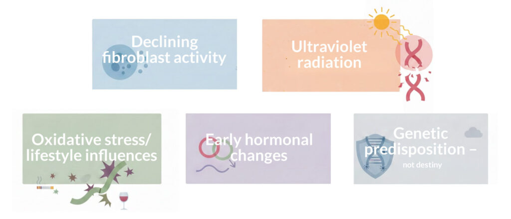 Infographic showing causes of collagen loss such as UV radiation, hormones, and lifestyle