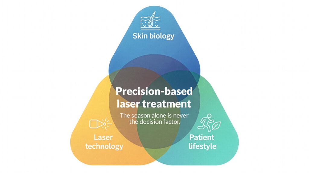Diagram illustrating precision-based laser treatment based on skin biology, laser technology and patient lifestyle rather than seasonal timing.