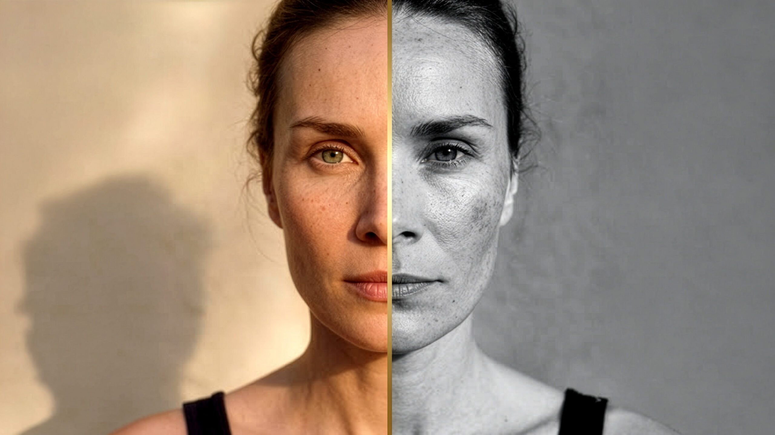 Split portrait of a woman showing healthy skin on one side and visible pigmentation and photoaging on the other, illustrating the impact of sun exposure and skin aging.