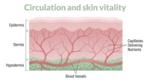 Skin layer diagram showing blood vessels and capillaries supporting circulation and skin vitality
