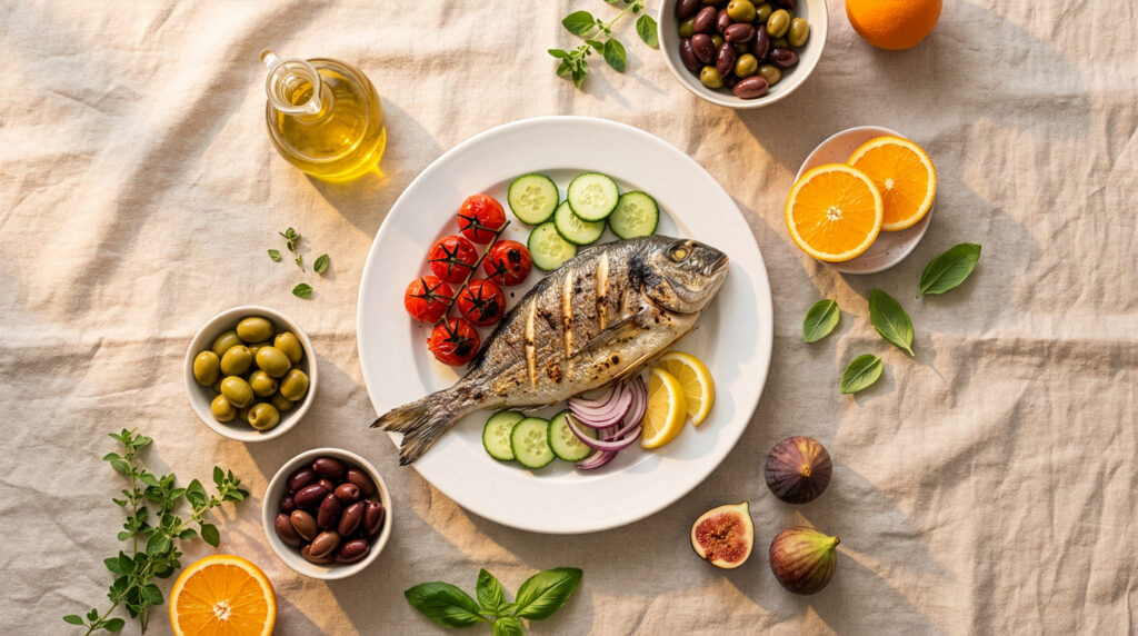 Mediterranean-style meal with fish, olive oil, vegetables and fruit supporting healthy skin