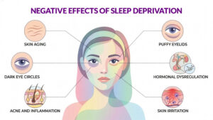 Infographic showing negative effects of sleep deprivation on skin including dark circles, wrinkles, and inflammation