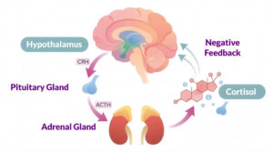 Diagram of stress hormones showing hypothalamus, pituitary gland, adrenal glands, and cortisol affecting the skin
