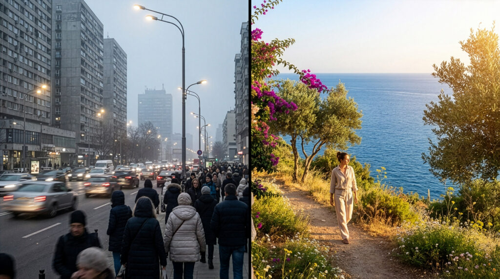 Urban pollution compared with natural coastal environment illustrating lifestyle impact on skin health