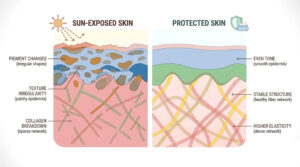 Diagram comparing sun-exposed skin and protected skin with collagen breakdown and structural changes