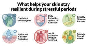 Infographic with tips for resilient skin during stress including sleep, UV protection, hydration, and simple skincare