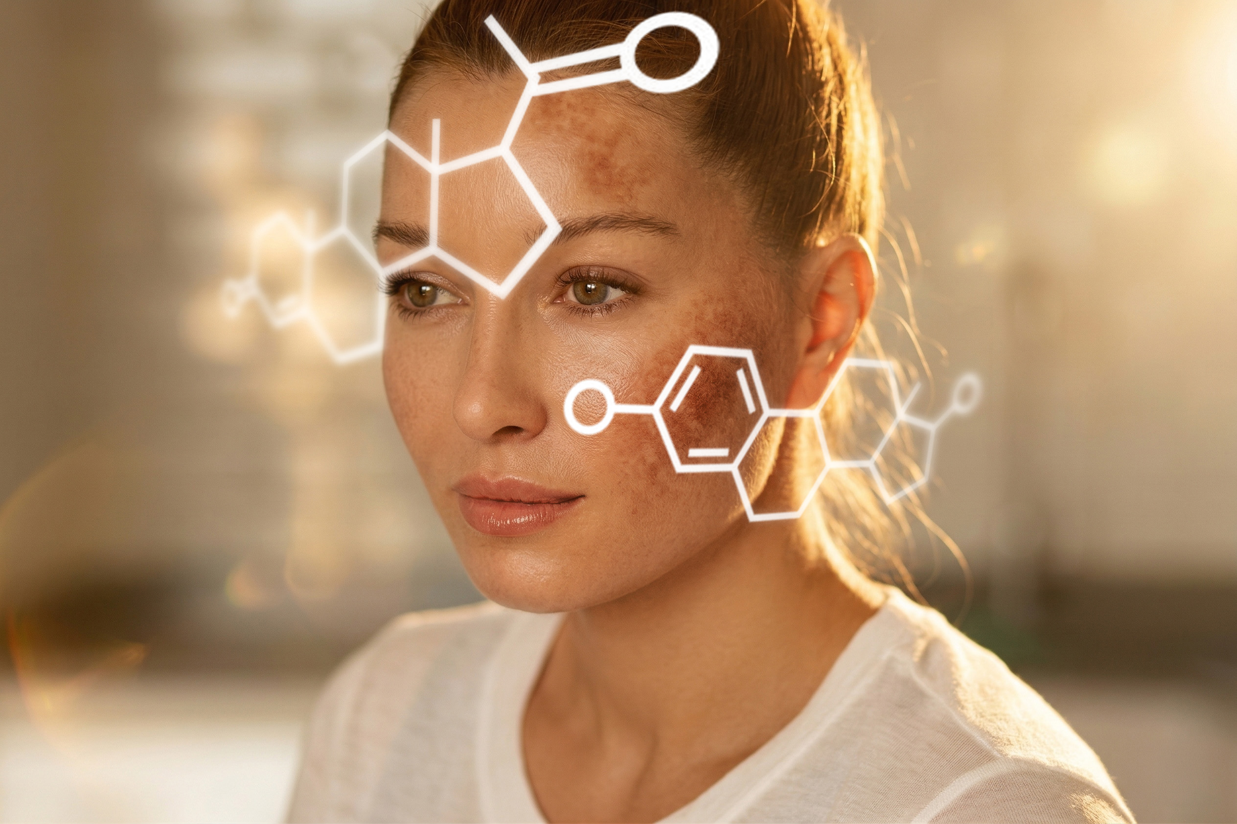 Close-up of woman with melasma pigmentation and molecular overlay representing complex skin biology