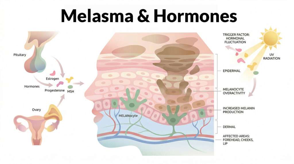 Diagram explaining hormonal triggers of melasma including estrogen, progesterone, and UV exposure