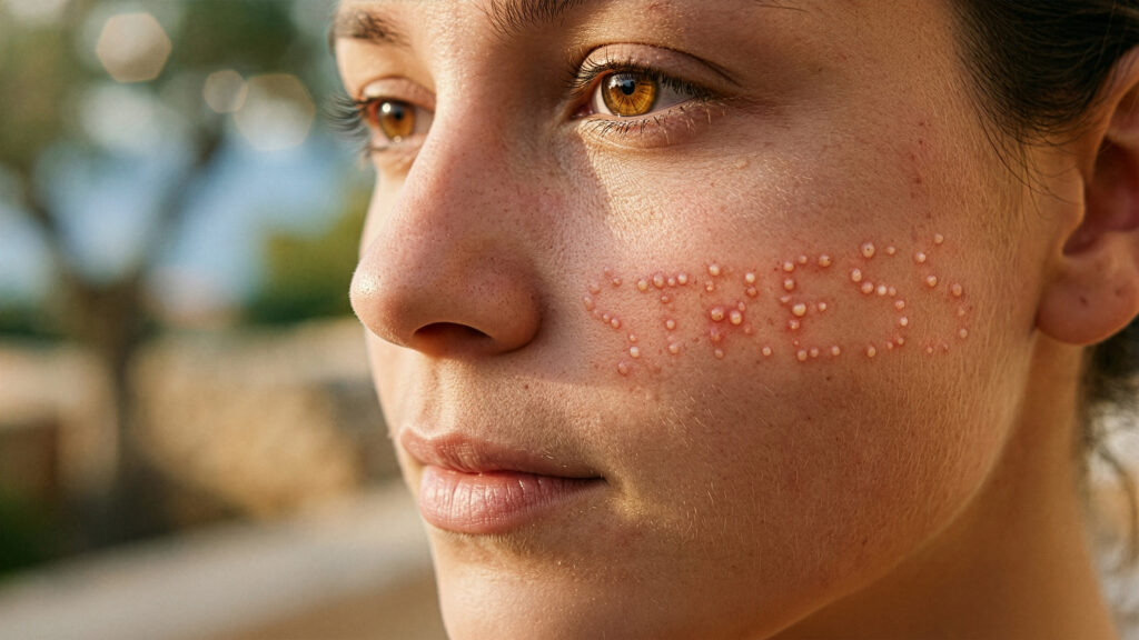 Close-up of facial skin with visible stress-related breakouts forming the word “stress” on the cheek