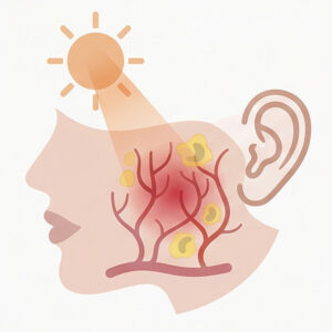 Illustration showing UV radiation triggering pigmentation and inflammation in the skin