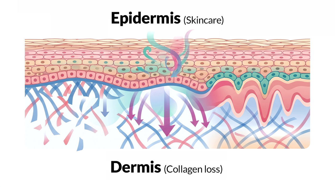 Diagram of epidermis and dermis showing limits of skincare and deeper collagen loss