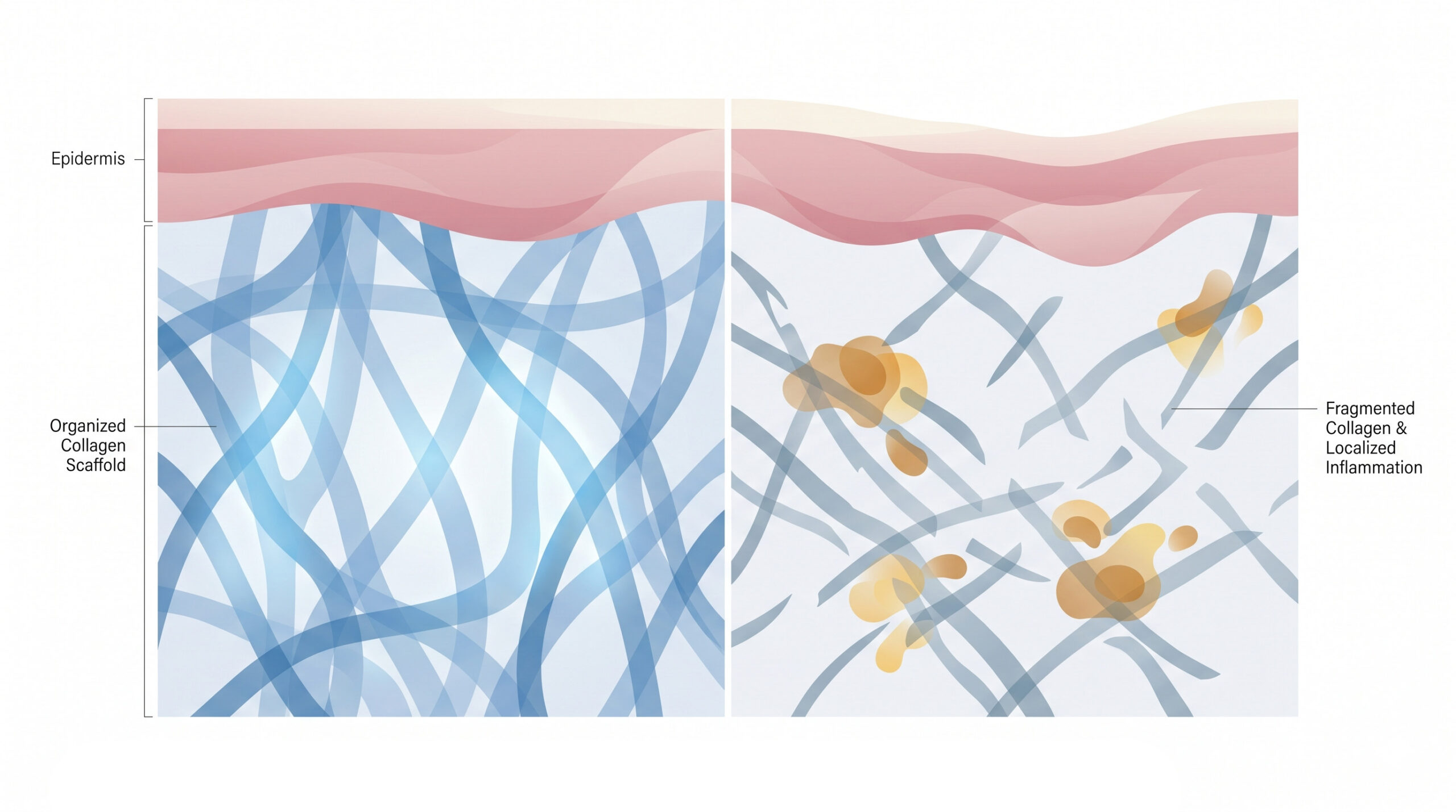 Comparison of healthy collagen structure and fragmented collagen with inflammation in aging skin