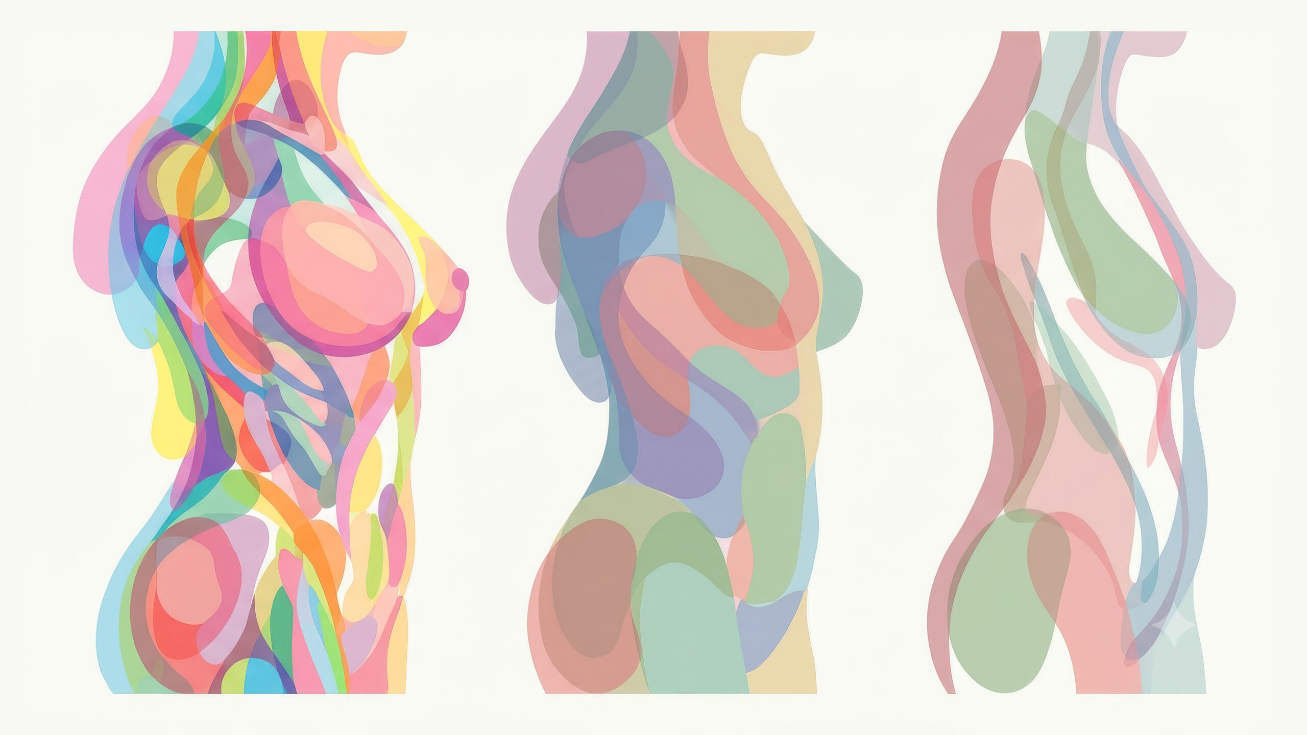 Abstract illustration of three female body silhouettes representing the biological changes that occur during skin aging in your 40s.