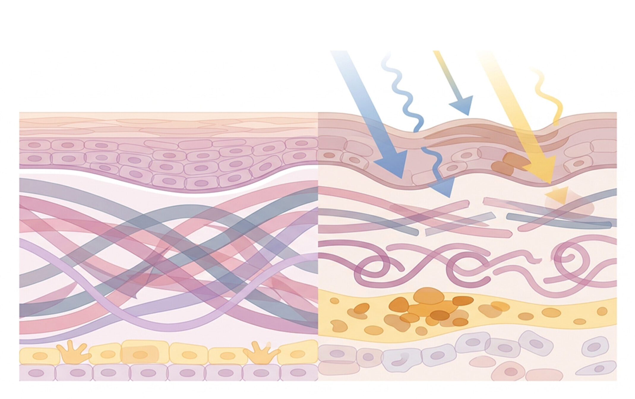 Skin cross-section comparing healthy collagen and elastic fibres with UV-damaged skin showing photoaging and pigmentation