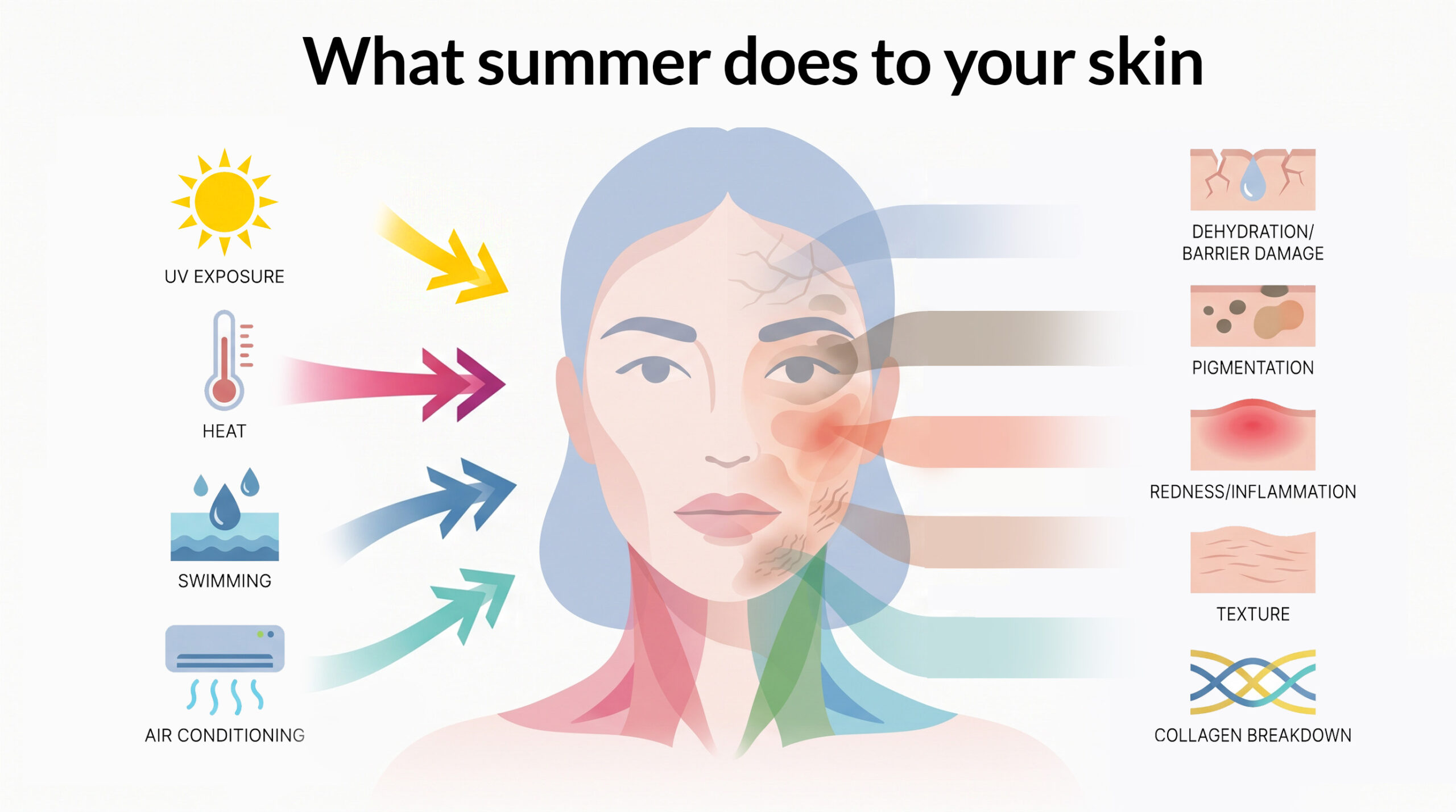 Infographic: how UV exposure, heat, swimming and air conditioning cause dehydration, pigmentation, redness and collagen breakdown