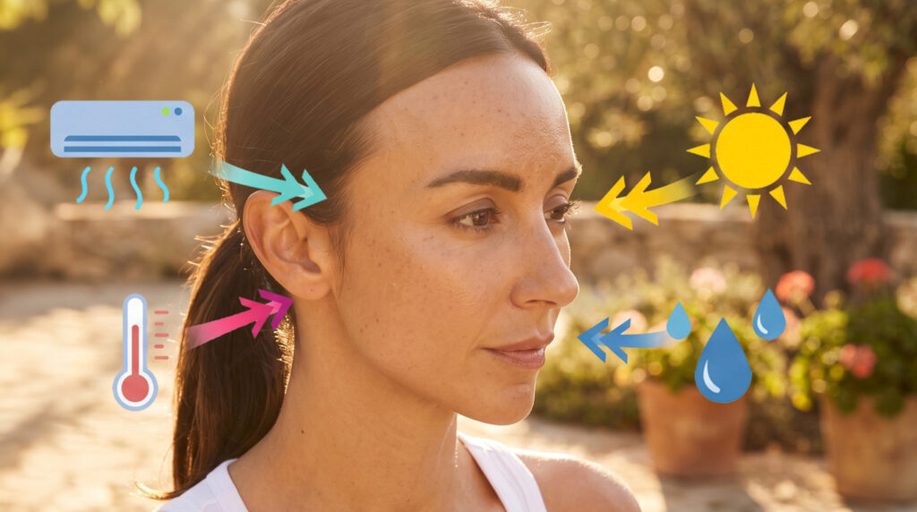 Woman in Mediterranean sunlight with icons for sun, heat, air conditioning and water – why skin looks older after summer
