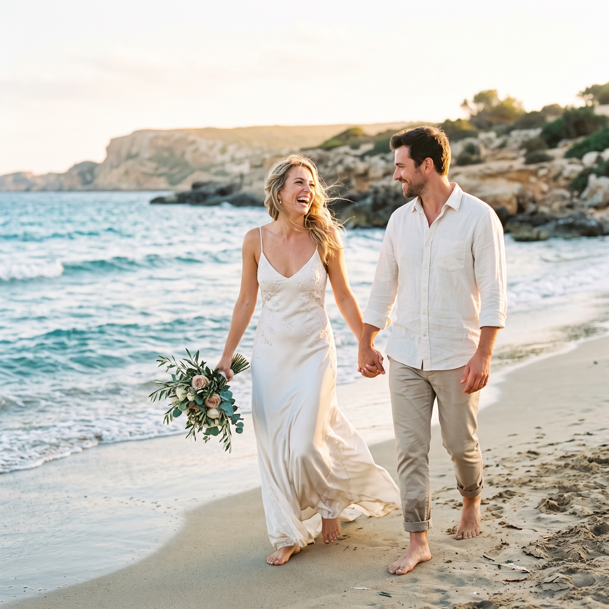 Young freshly married couple on the beach of mallorca